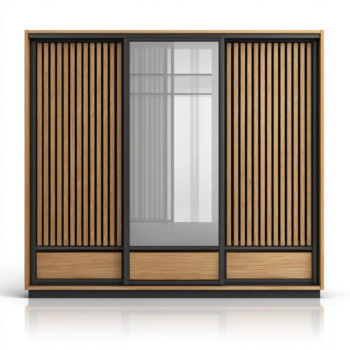Armoire penderie à portes coulissantes chêne naturel noir 180 x 60 x 200 cm en panneaux de particules mélaminés avec verre trempé rectangulaire