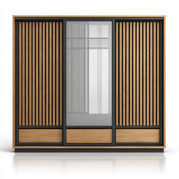 Armoire penderie à portes coulissantes chêne naturel noir 180 x 60 x 200 cm en panneaux de particules mélaminés avec verre trempé rectangulaire