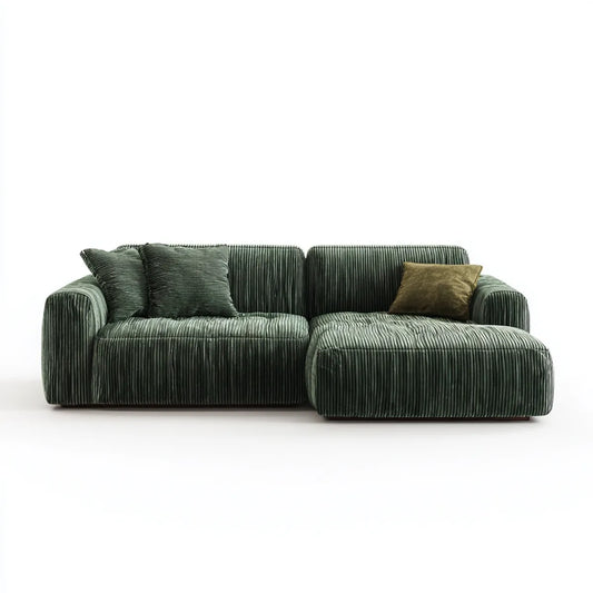 Canapé d'angle 3 places avec méridienne à droite vert en velours côtelé de polyester 260 x 105 x 75 cm