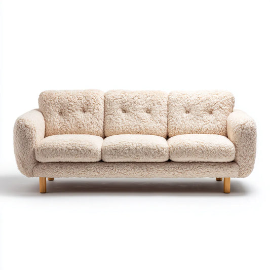 Canapé 3 places beige en polyester bouclé avec pieds en bois massif 210 x 88 x 82 cm
