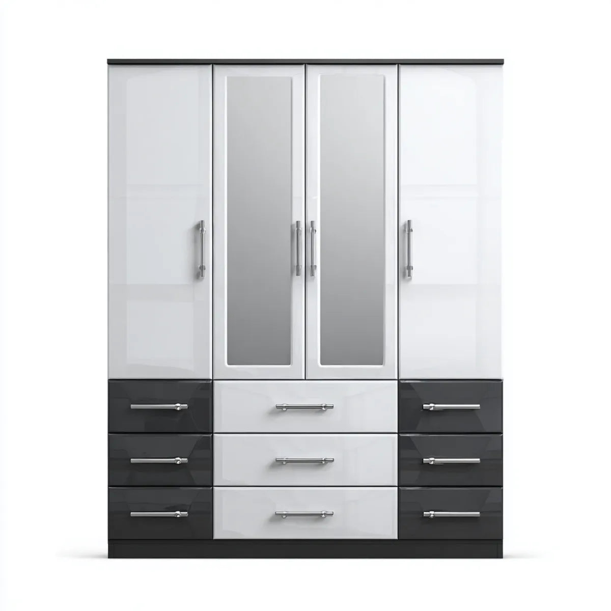 Armoire de chambre 4 portes 9 tiroirs blanc noir 180 x 52 x 200 cm panneaux de particules mélaminés rectangulaire