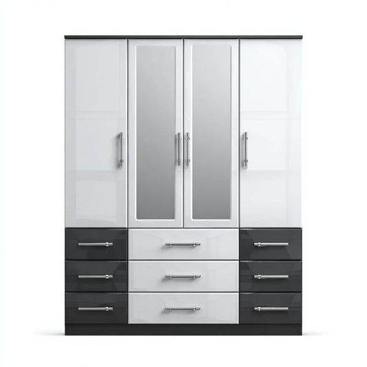 Armoire de chambre 4 portes 9 tiroirs blanc noir 180 x 52 x 200 cm panneaux de particules mélaminés rectangulaire
