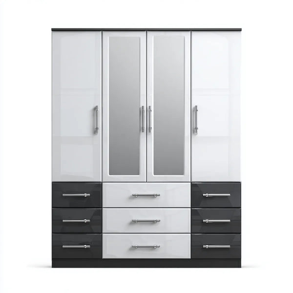 Armoire de chambre 4 portes 9 tiroirs blanc noir 180 x 52 x 200 cm panneaux de particules mélaminés rectangulaire