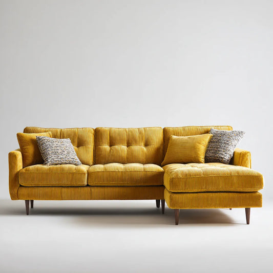 Canapé d'angle droit 3 places jaune moutarde en velours côtelé de polyester 250 x 160 x 85 cm